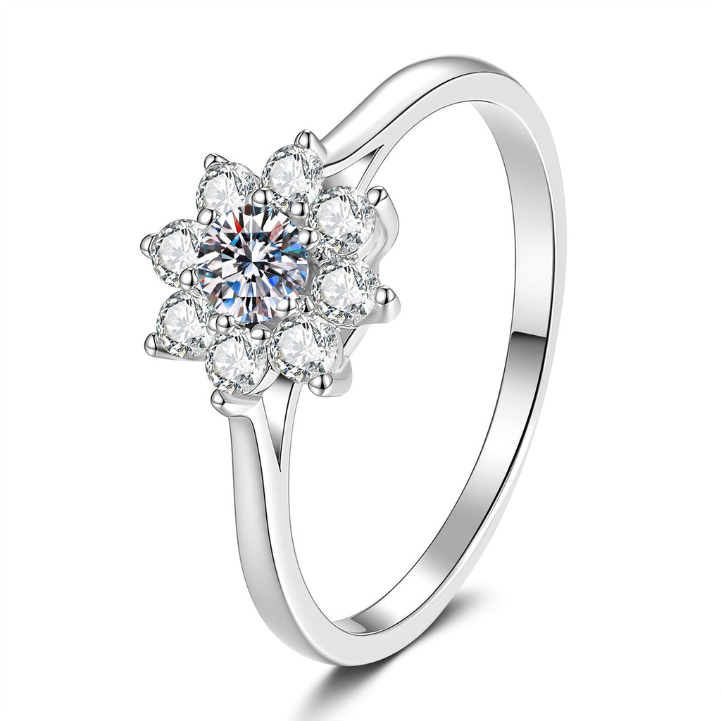 Floral Moissanite Ring with CZ in White Gold-Plated S925 Sterling Silver white background product image