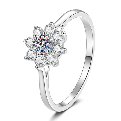 Floral Moissanite Ring with CZ in White Gold-Plated S925 Sterling Silver white background product image