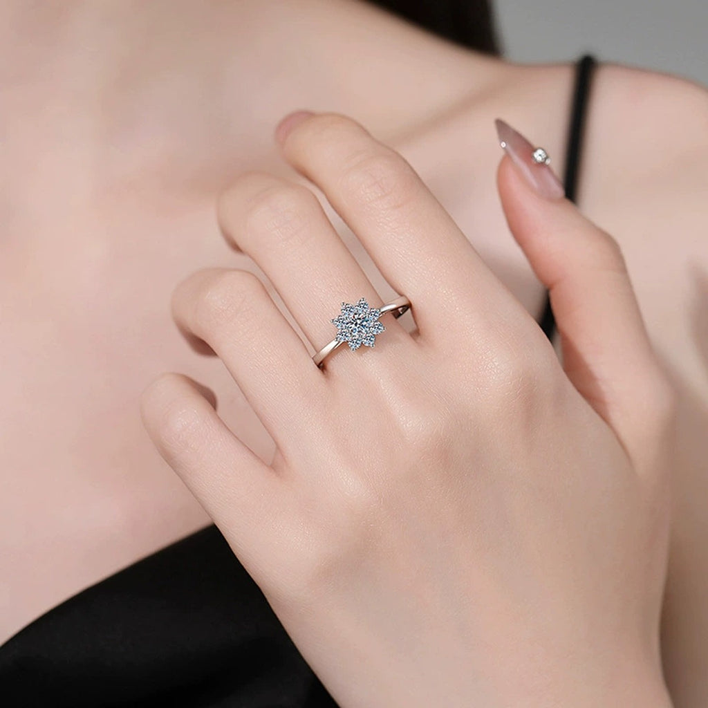 Floral Moissanite Ring with CZ in White Gold-Plated S925 Sterling Silver worn by model