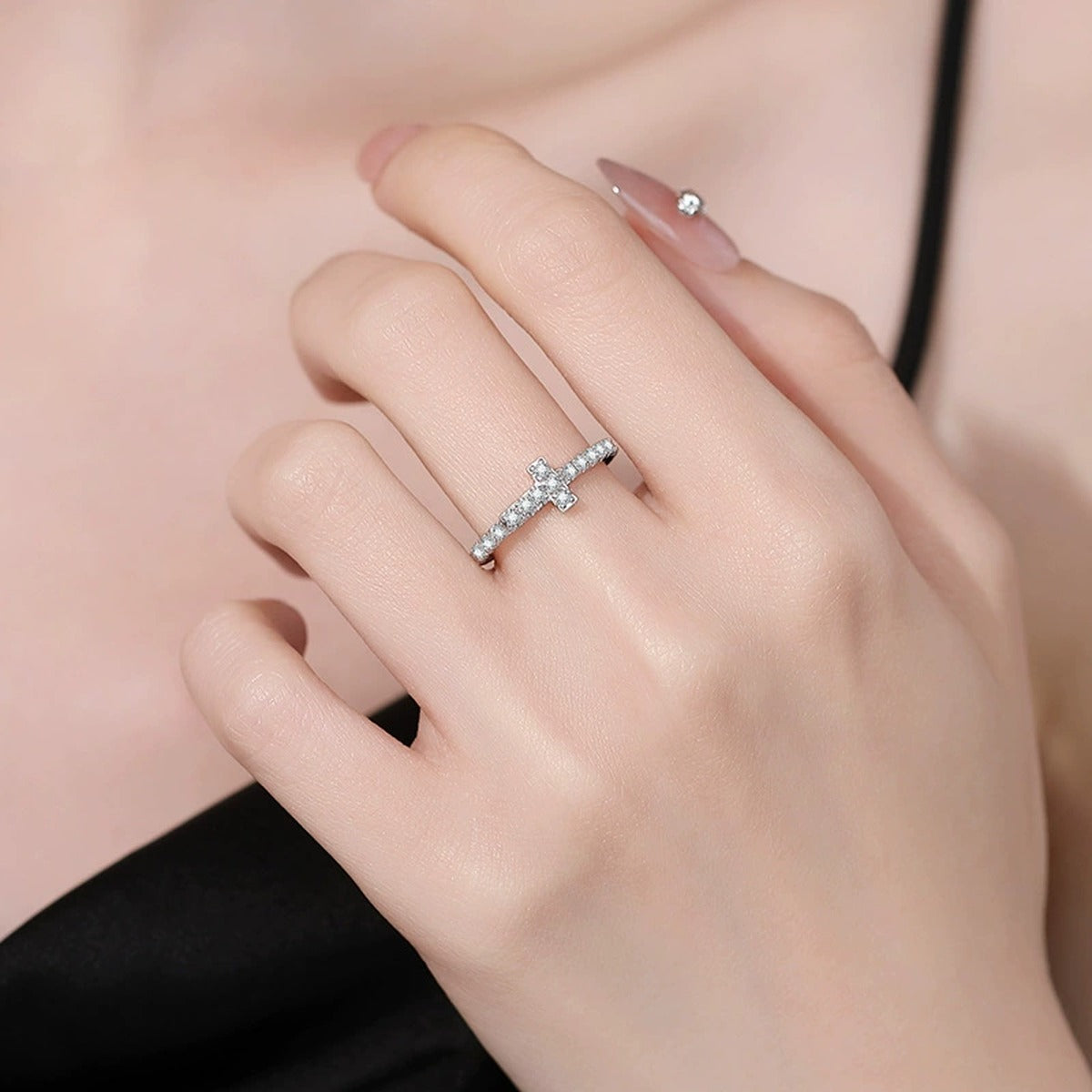 Curved Moissanite Band Ring in White Gold-Plated S925 Sterling Silver worn by model