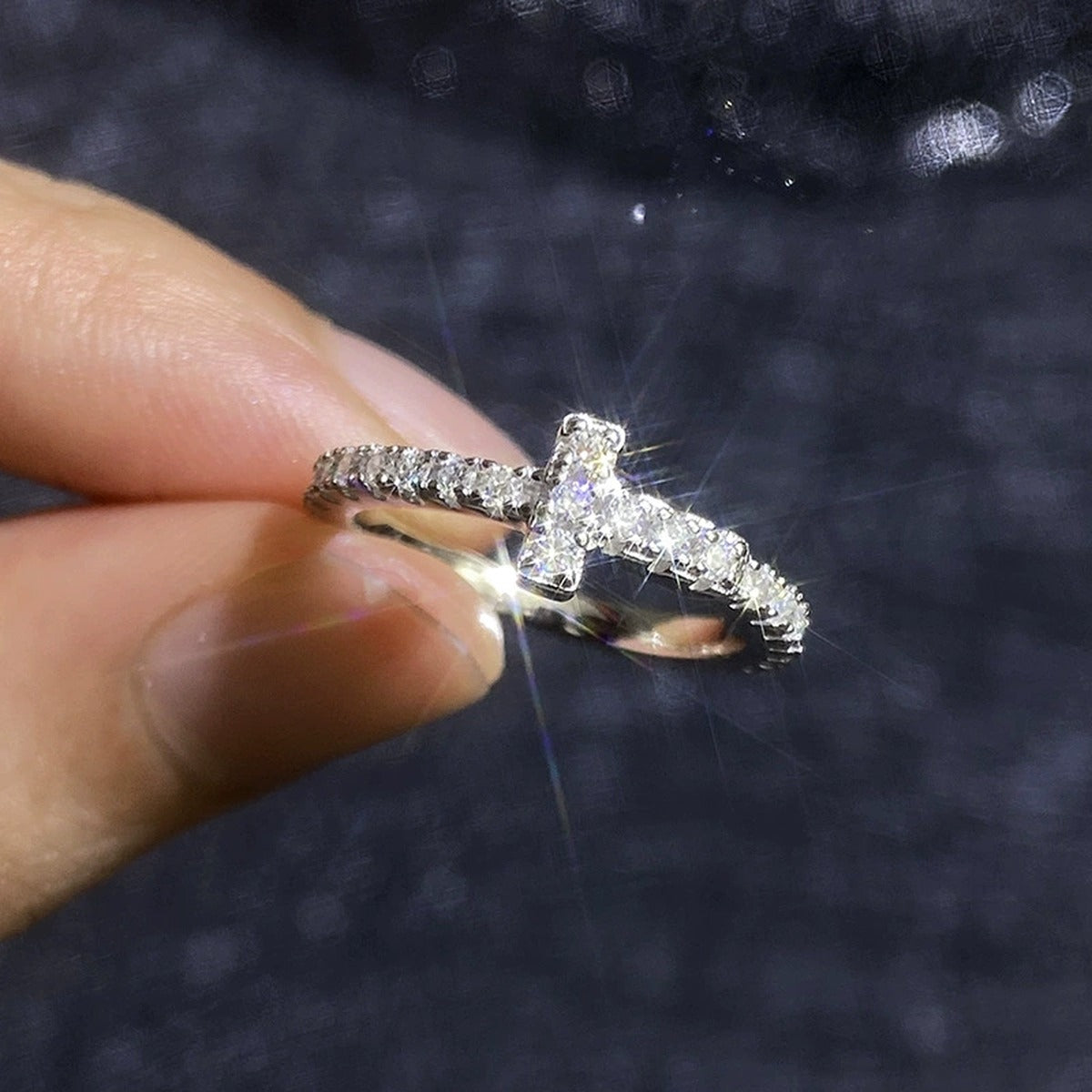 Curved Moissanite Band Ring in White Gold-Plated S925 Sterling Silver product detail view