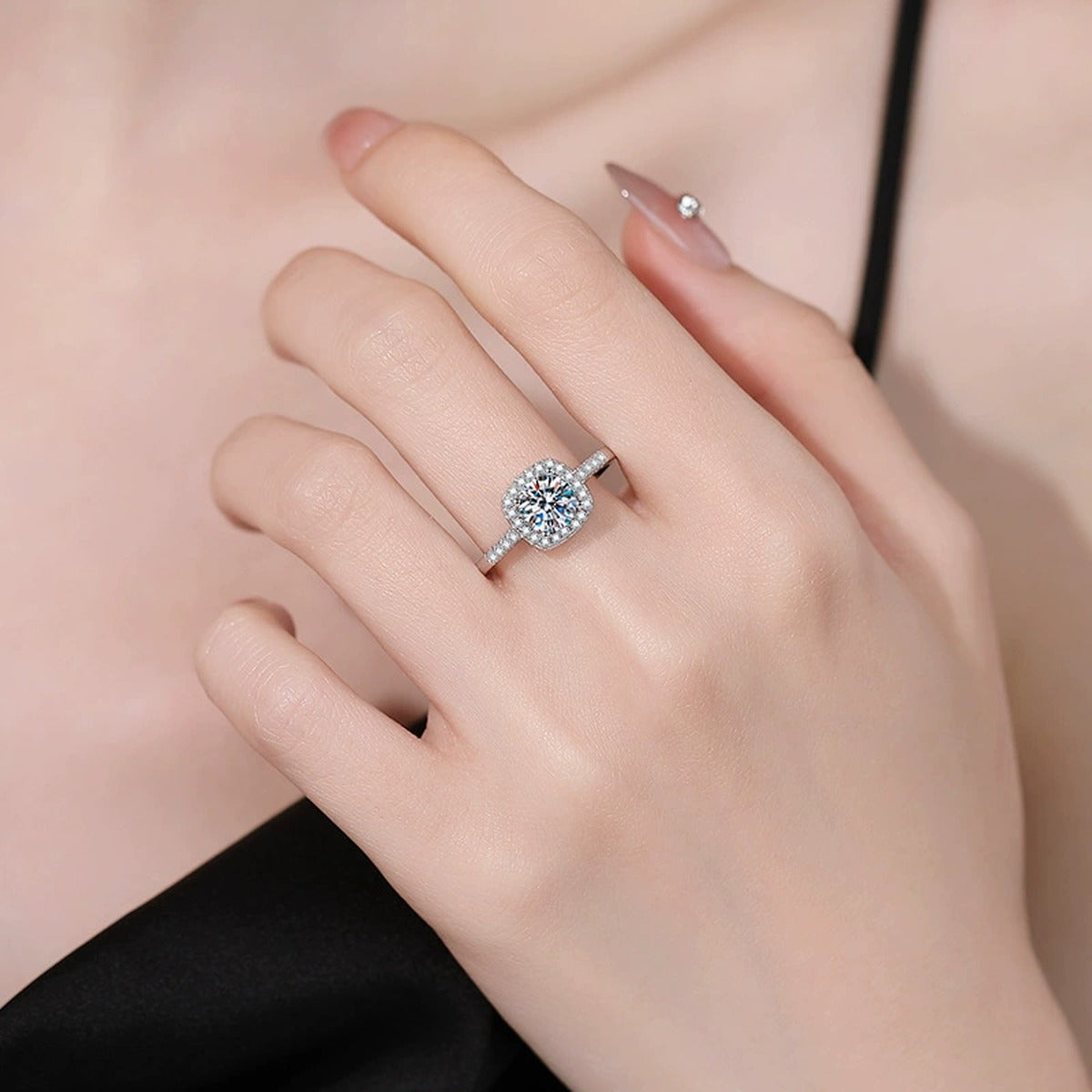 Round Halo Moissanite Ring with CZ in White Gold-Plated S925 Sterling Silver worn by model