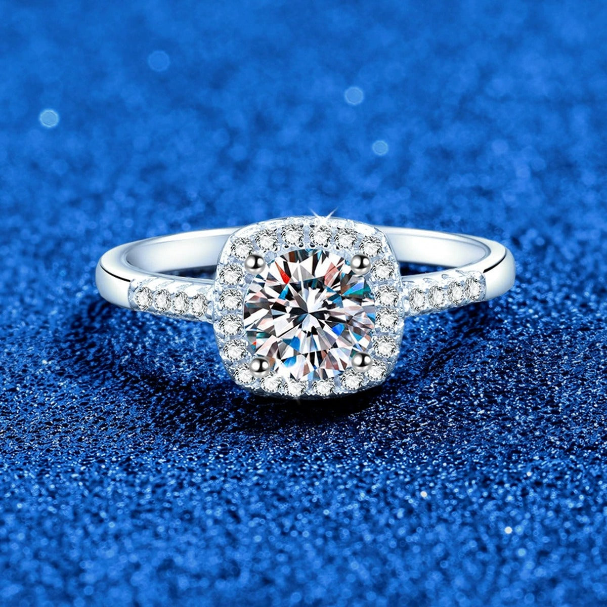 Round Halo Moissanite Ring with CZ in White Gold-Plated S925 Sterling Silver product detail view