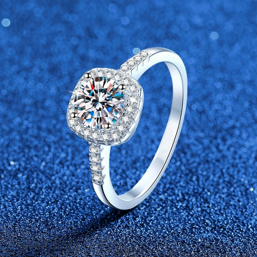 Round Halo Moissanite Ring with CZ in White Gold-Plated S925 Sterling Silver product detail view
