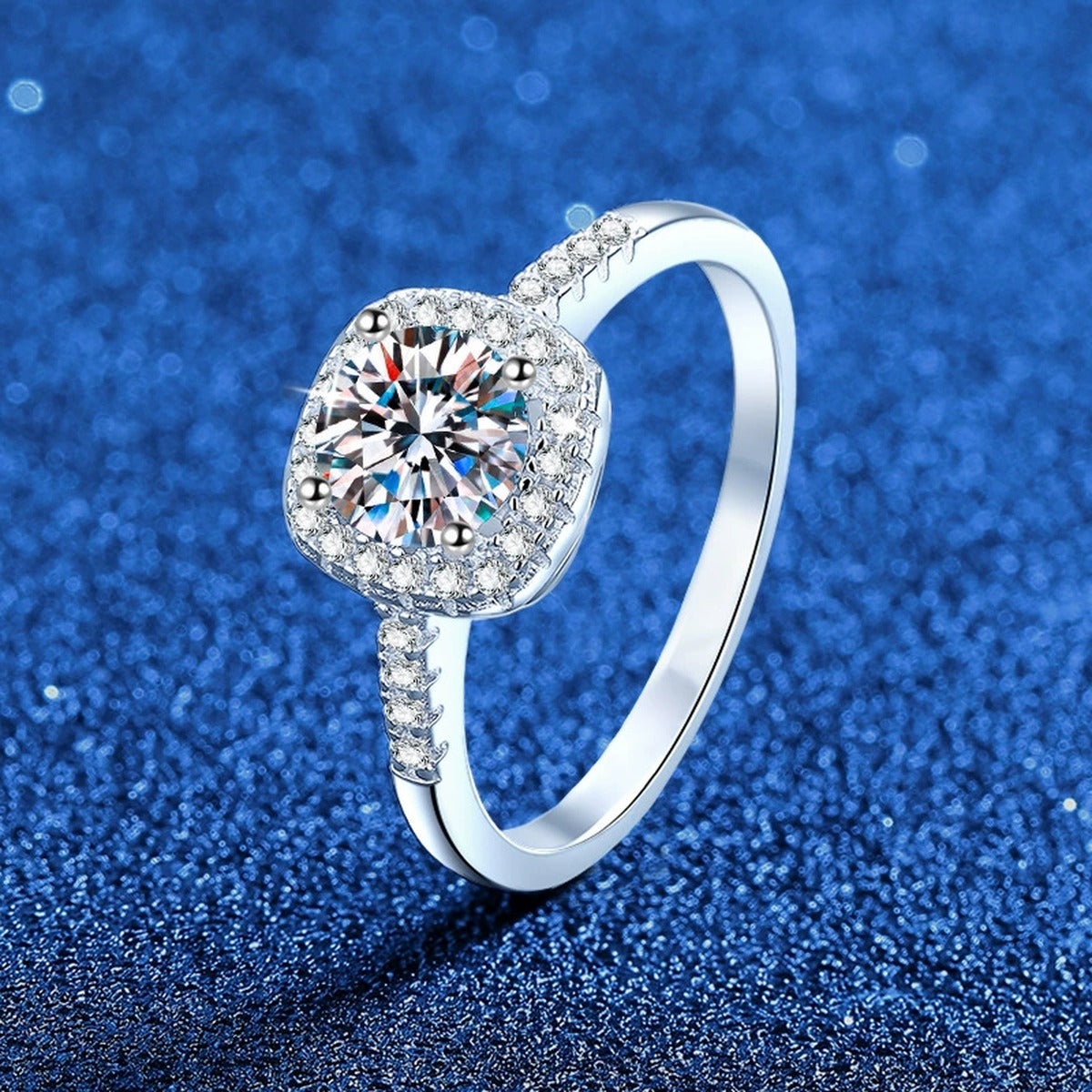 Round Halo Moissanite Ring with CZ in White Gold-Plated S925 Sterling Silver product detail view