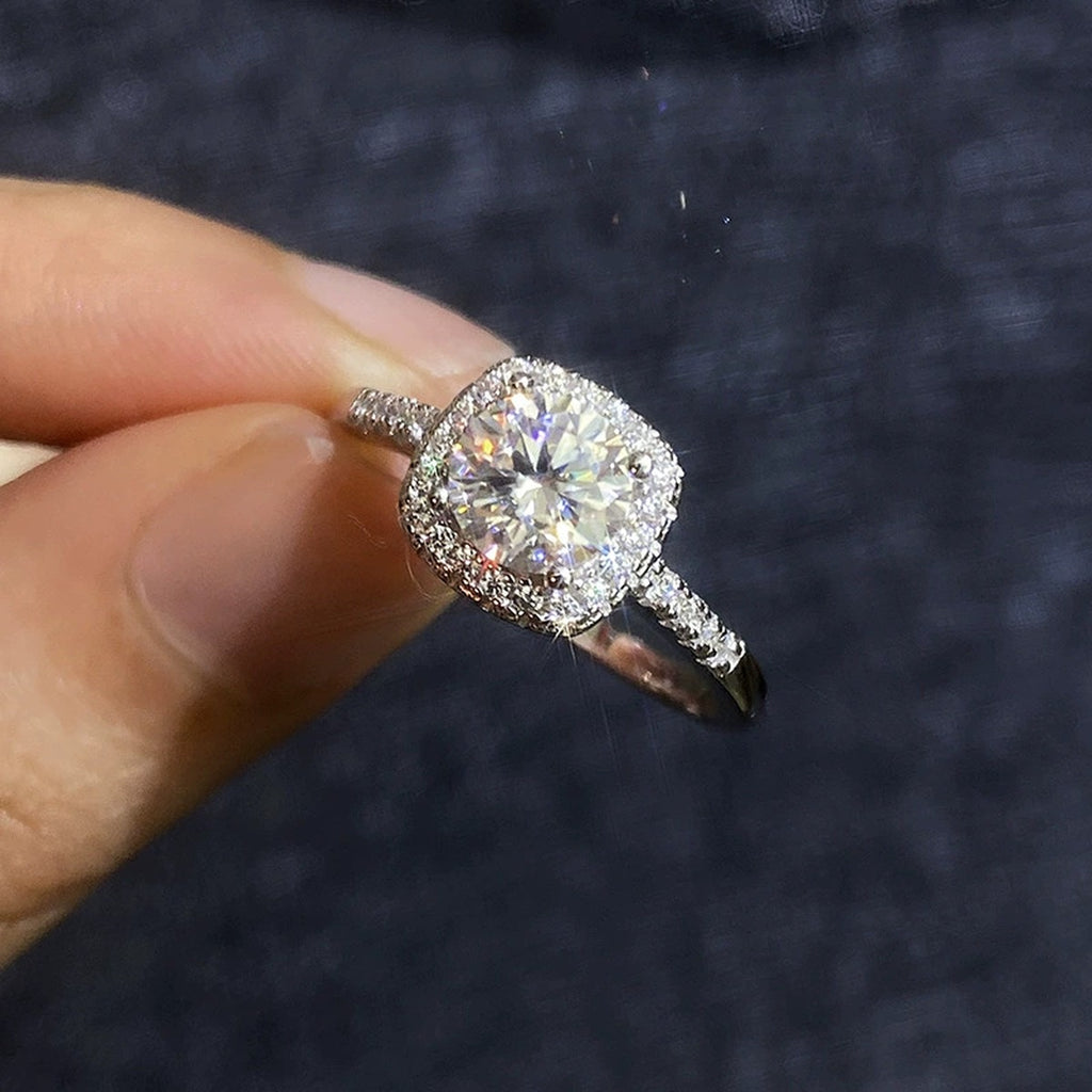 Round Halo Moissanite Ring with CZ in White Gold-Plated S925 Sterling Silver product detail view