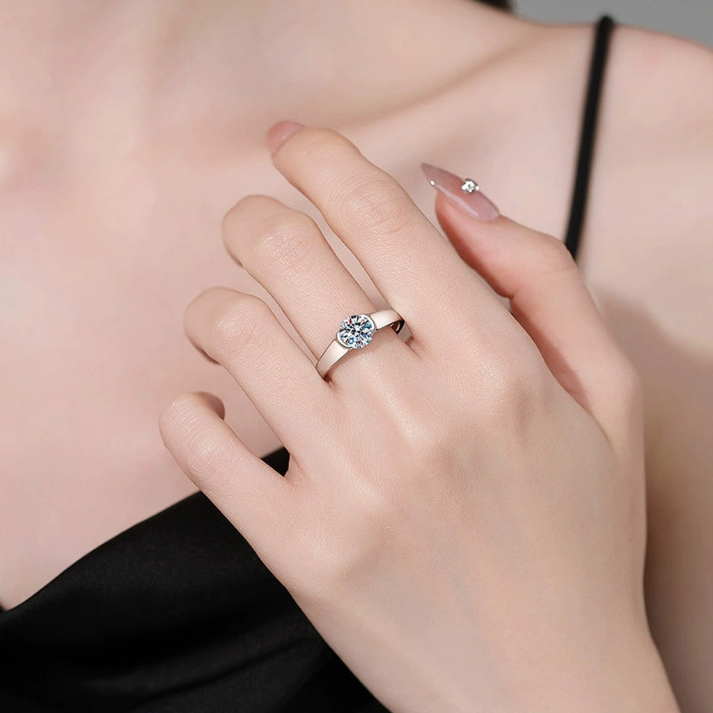Round Moissanite Solitaire Ring in White Gold-Plated S925 Sterling Silver worn by model