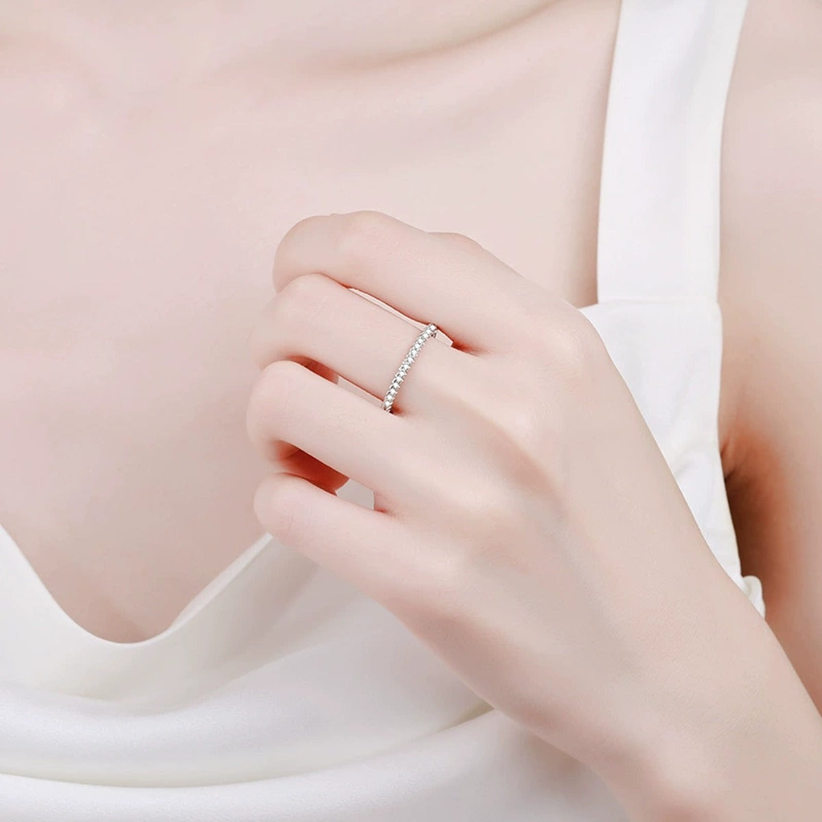 Slim Moissanite Eternity Band Ring in White Gold-Plated S925 Sterling Silver worn by model