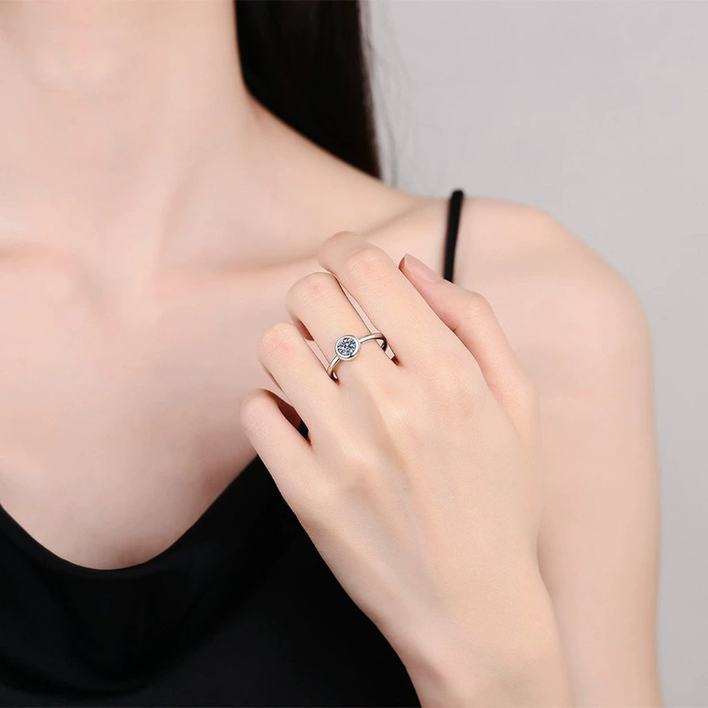 Bezel Set Moissanite Ring in White Gold-Plated S925 Sterling Silver worn by model