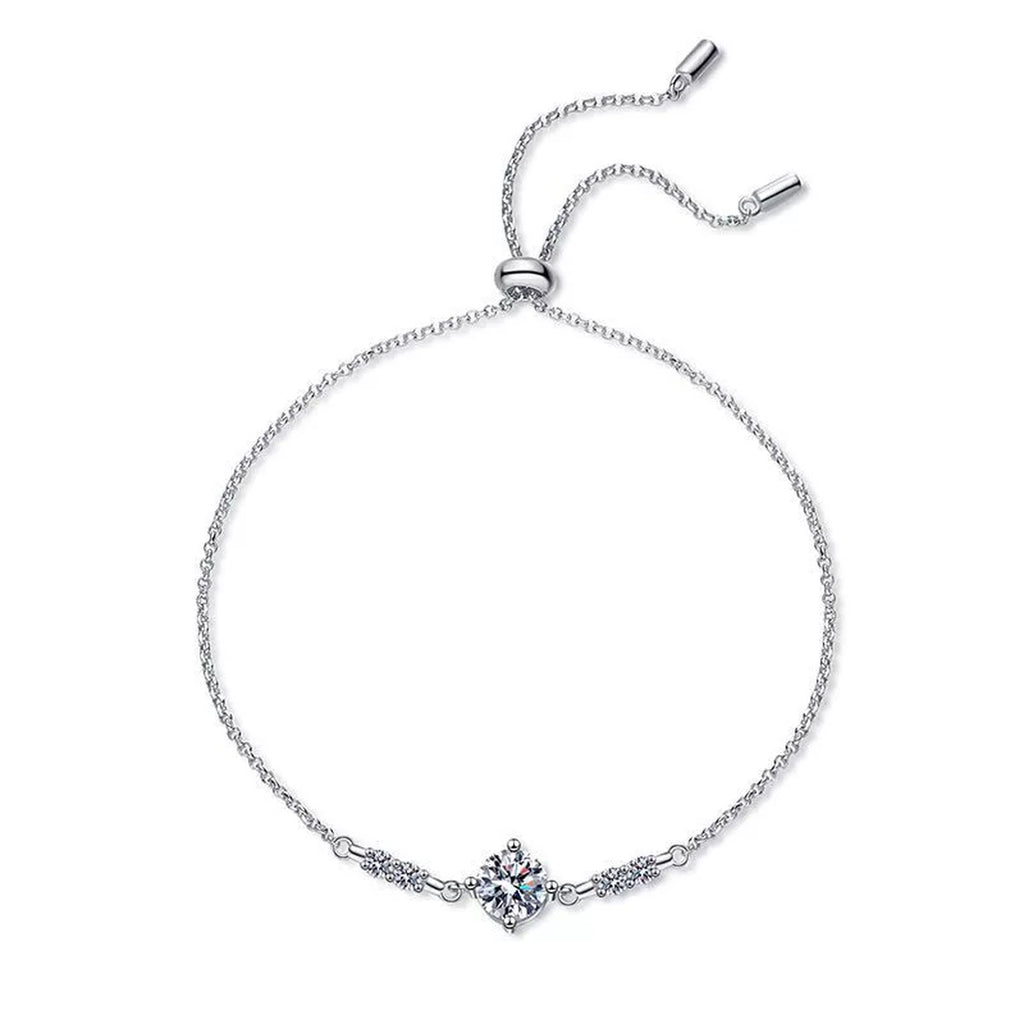 Round Moissanite Adjustable Chain Bracelet with CZ in White Gold-Plated S925 Sterling Silver white background product photo
