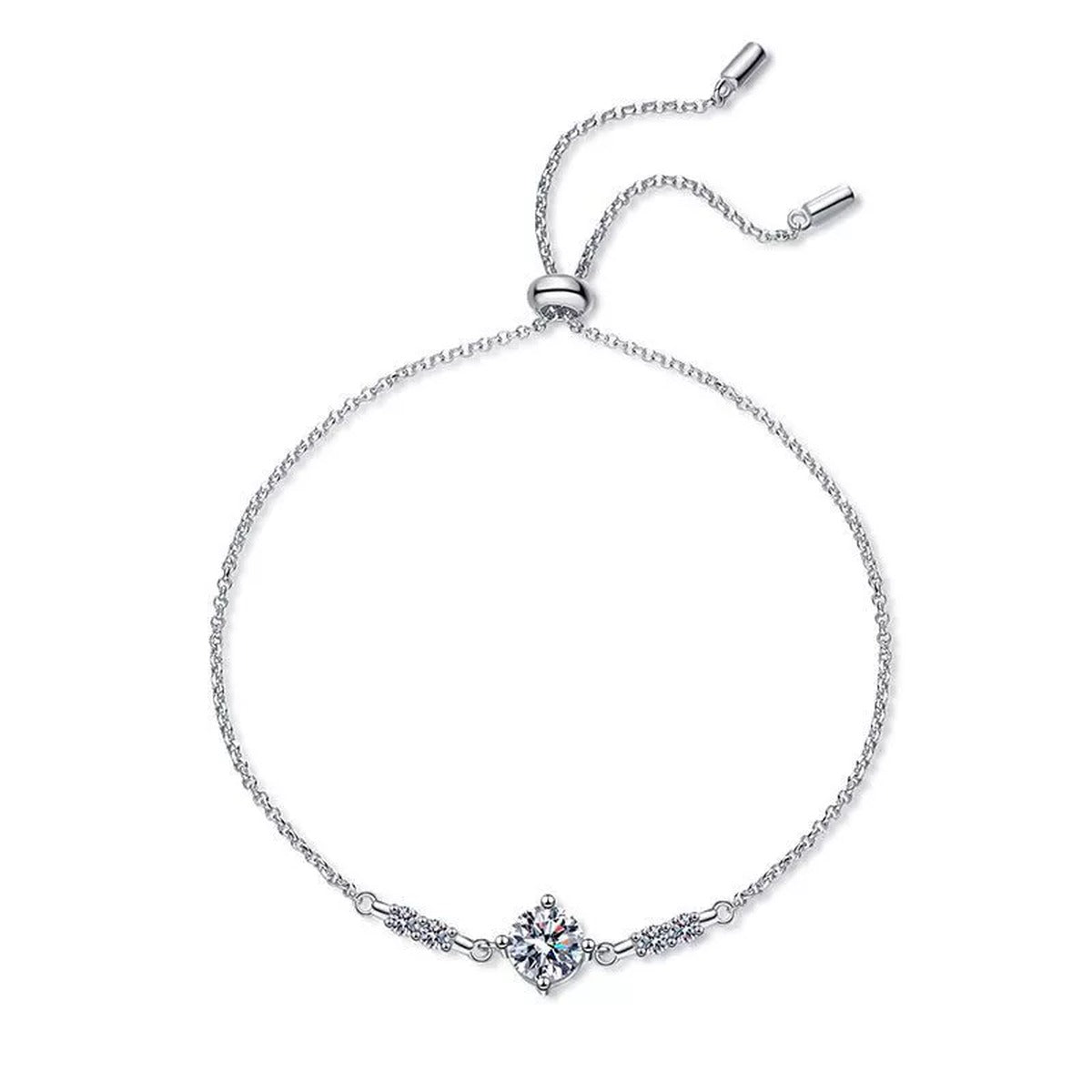 Round Moissanite Adjustable Chain Bracelet with CZ in White Gold-Plated S925 Sterling Silver white background product photo