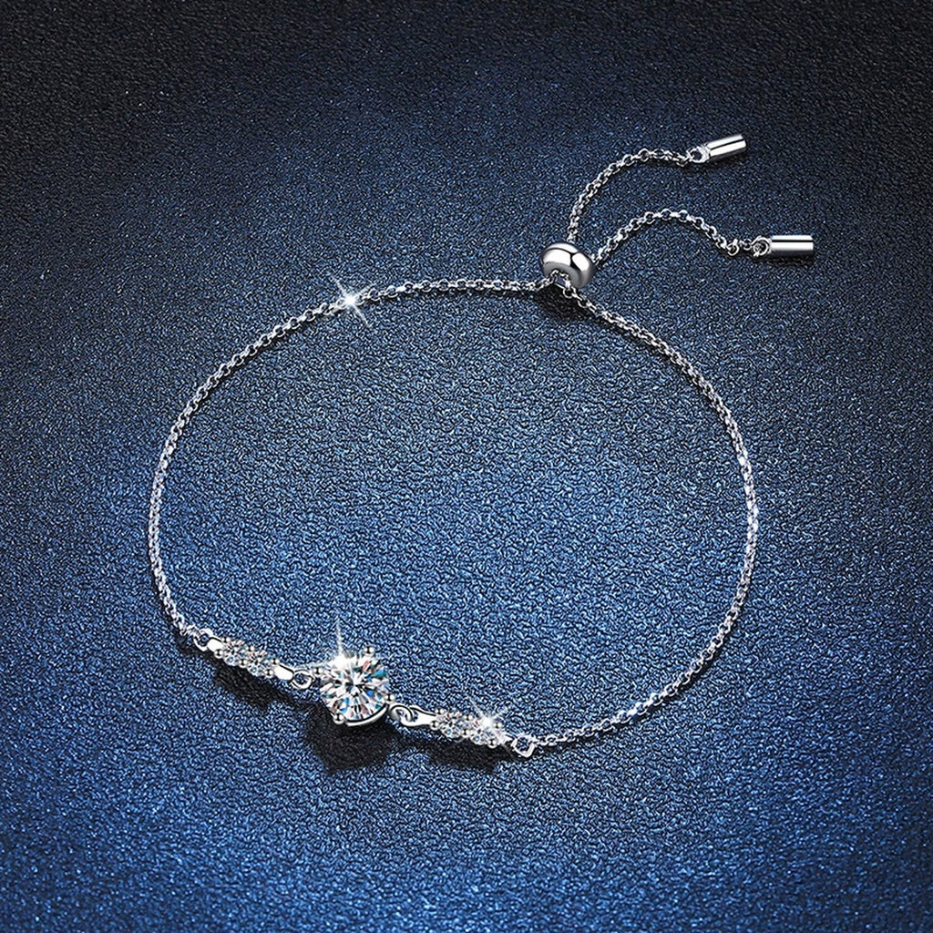 Round Moissanite Adjustable Chain Bracelet with CZ in White Gold-Plated S925 Sterling Silver blue display scene showing bracelet sparkle and chain detail