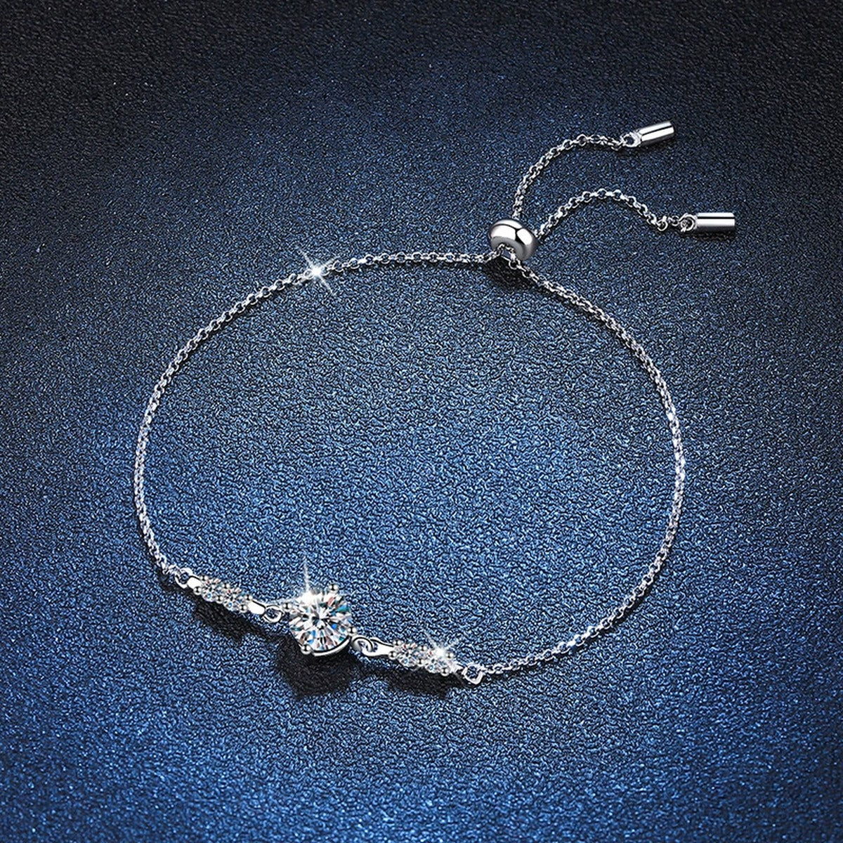 Round Moissanite Adjustable Chain Bracelet with CZ in White Gold-Plated S925 Sterling Silver blue display scene showing bracelet sparkle and chain detail