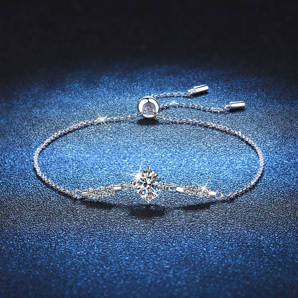 Round Moissanite Adjustable Chain Bracelet with CZ in White Gold-Plated S925 Sterling Silver blue display scene showing bracelet sparkle and chain detail