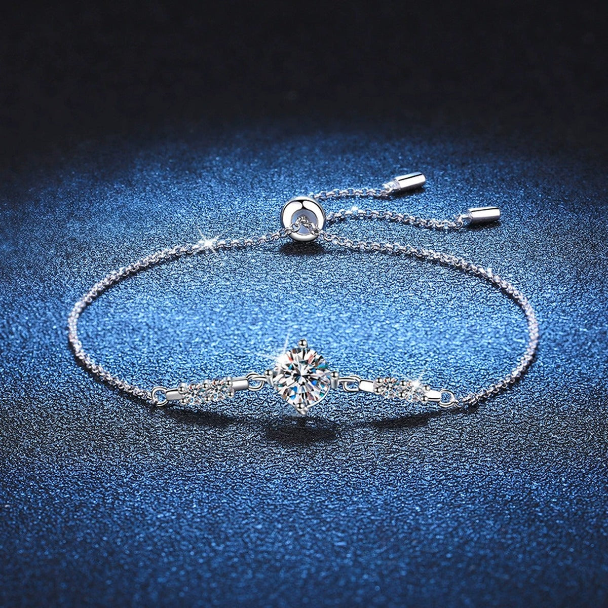Round Moissanite Adjustable Chain Bracelet with CZ in White Gold-Plated S925 Sterling Silver blue display scene showing bracelet sparkle and chain detail