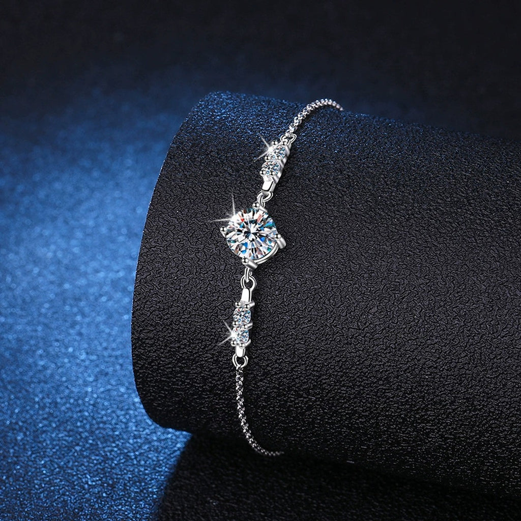 Round Moissanite Adjustable Chain Bracelet with CZ in White Gold-Plated S925 Sterling Silver blue display scene showing bracelet sparkle and chain detail