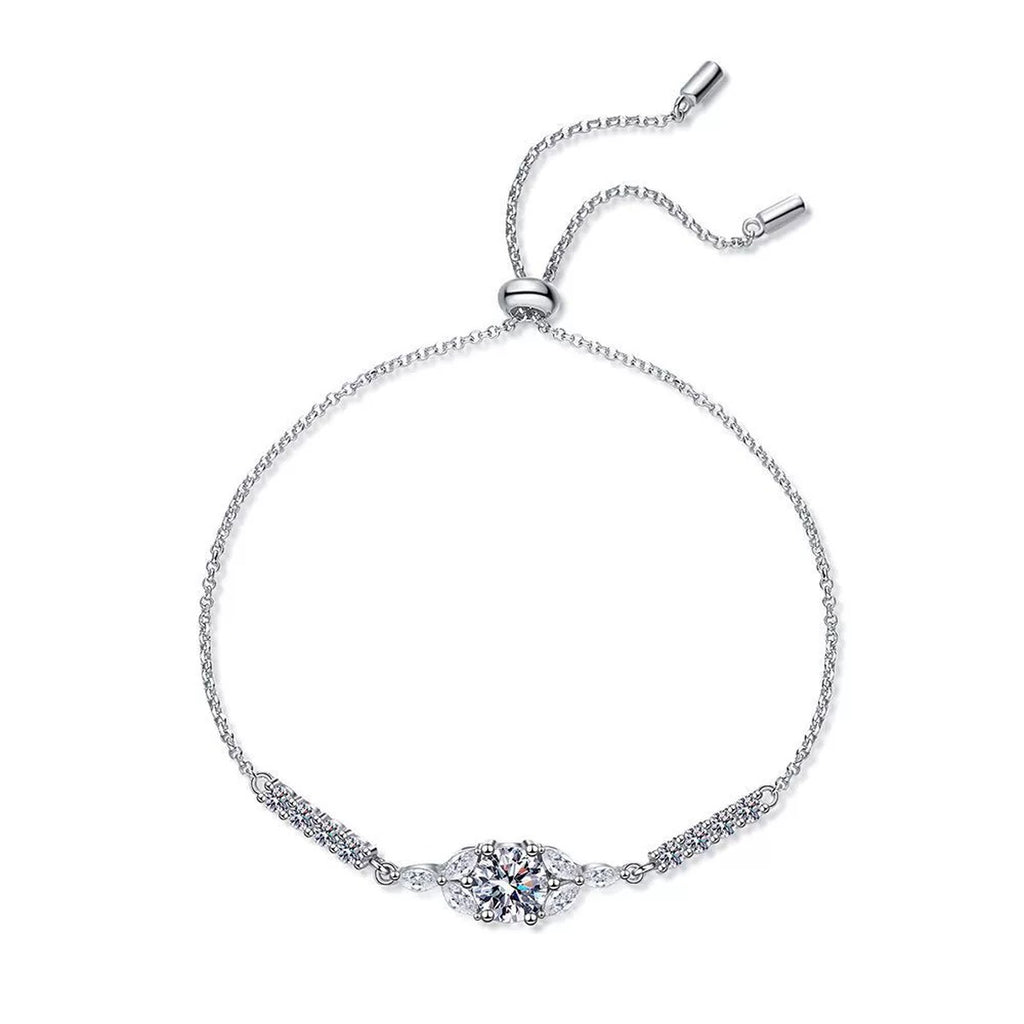 Oval Moissanite Adjustable Chain Bracelet with CZ in White Gold-Plated S925 Sterling Silver white background product photo