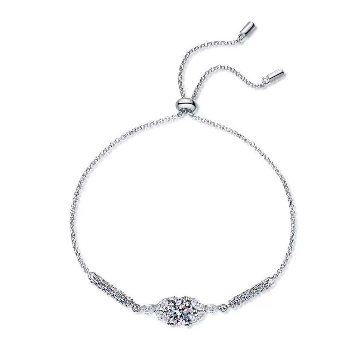 Oval Moissanite Adjustable Chain Bracelet with CZ in White Gold-Plated S925 Sterling Silver white background product photo