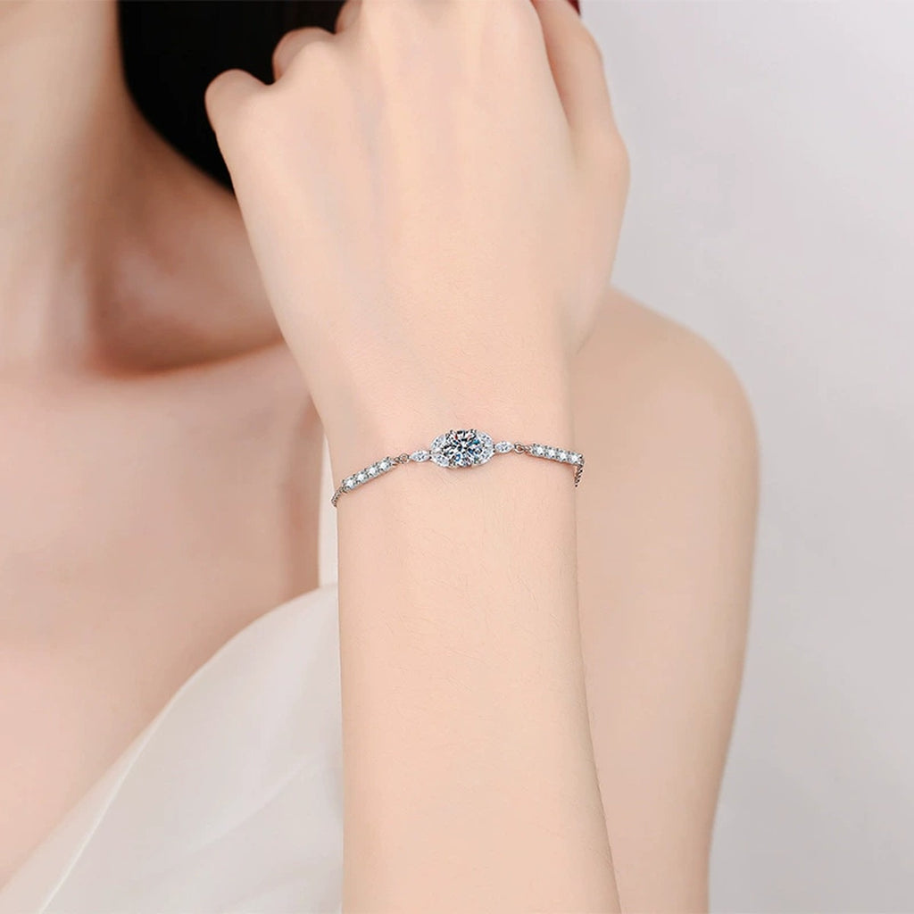 Oval Moissanite Adjustable Chain Bracelet with CZ in White Gold-Plated S925 Sterling Silver worn on wrist model view showing scale and fit