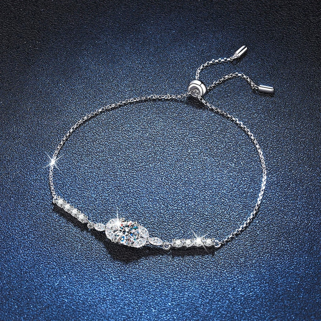 Oval Moissanite Adjustable Chain Bracelet with CZ in White Gold-Plated S925 Sterling Silver blue display scene showing bracelet sparkle and chain detail