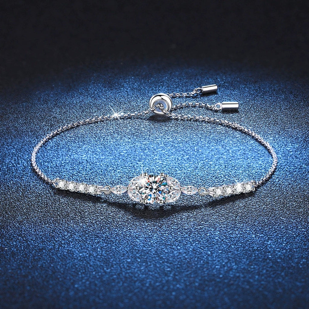 Oval Moissanite Adjustable Chain Bracelet with CZ in White Gold-Plated S925 Sterling Silver blue display scene showing bracelet sparkle and chain detail