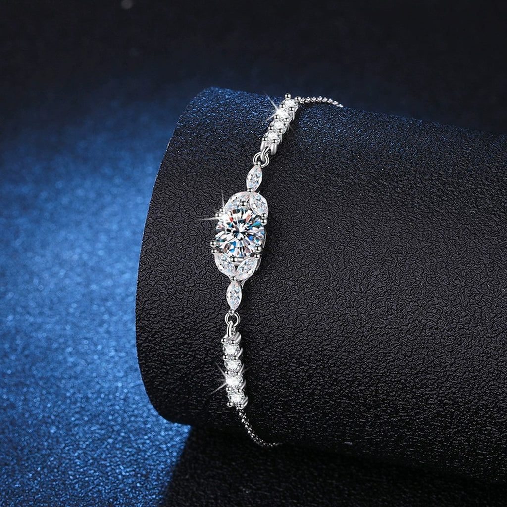 Oval Moissanite Adjustable Chain Bracelet with CZ in White Gold-Plated S925 Sterling Silver blue display scene showing bracelet sparkle and chain detail