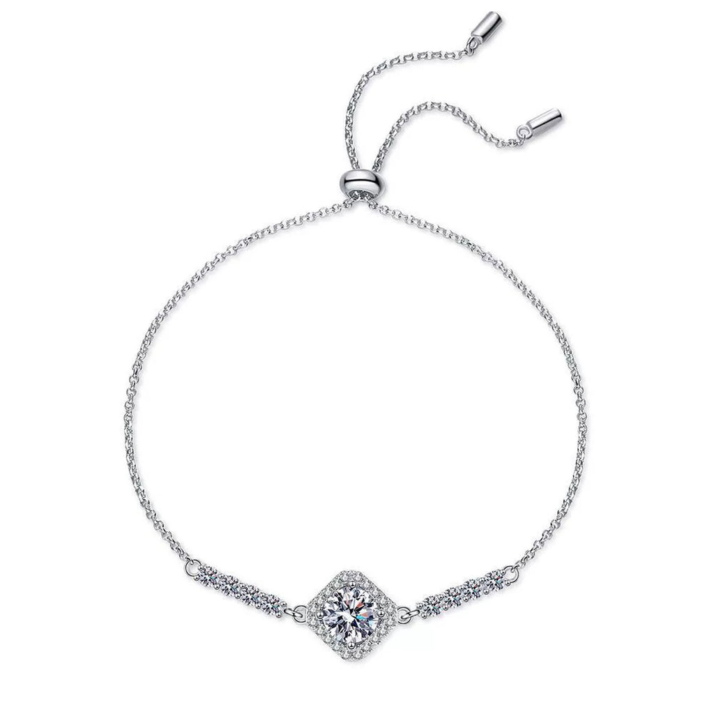 Cushion Moissanite Adjustable Chain Bracelet with CZ in White Gold-Plated S925 Sterling Silver white background product photo
