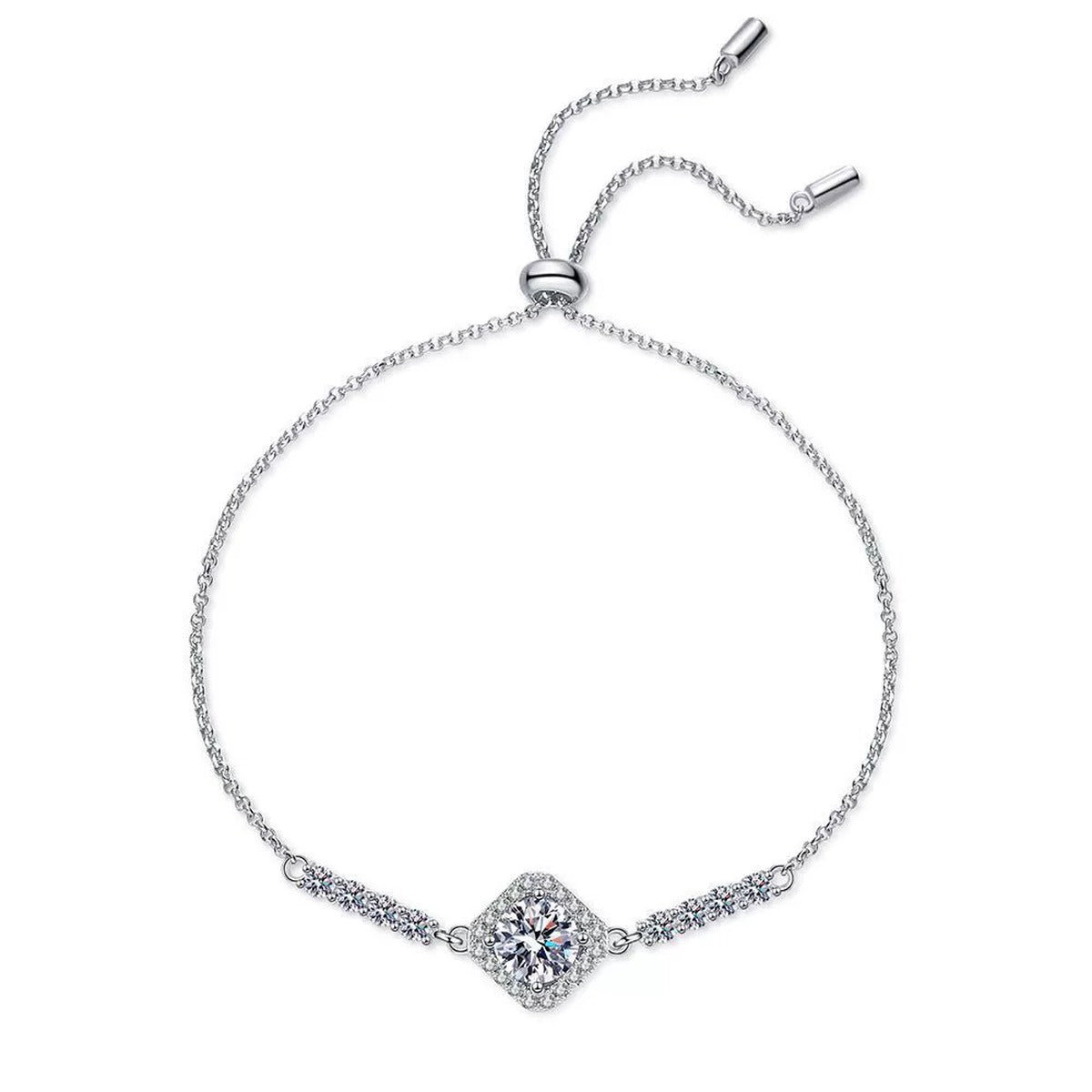 Cushion Moissanite Adjustable Chain Bracelet with CZ in White Gold-Plated S925 Sterling Silver white background product photo