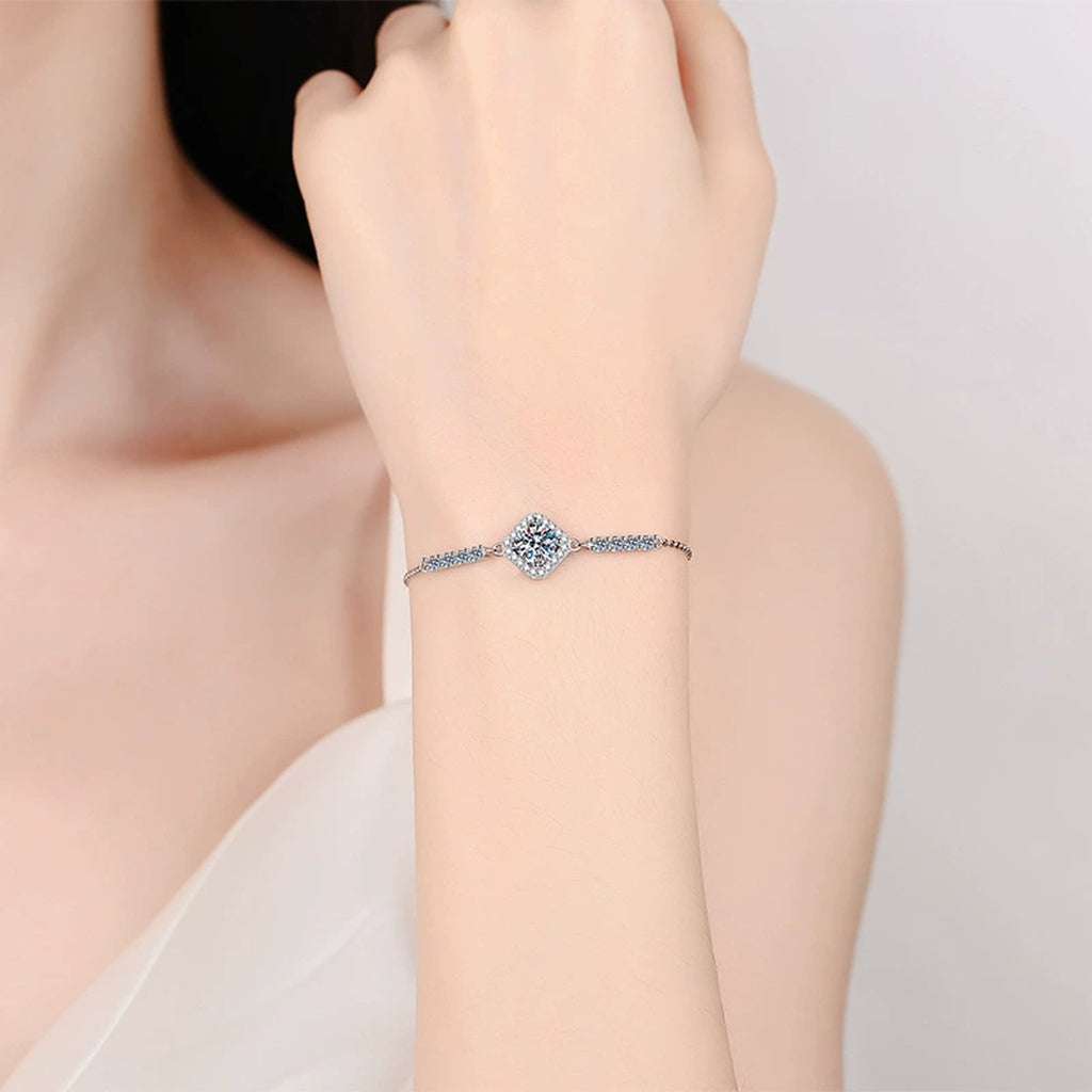 Cushion Moissanite Adjustable Chain Bracelet with CZ in White Gold-Plated S925 Sterling Silver worn on wrist model view showing scale and fit