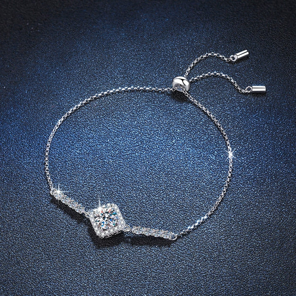 Cushion Moissanite Adjustable Chain Bracelet with CZ in White Gold-Plated S925 Sterling Silver blue display scene showing bracelet sparkle and chain detail