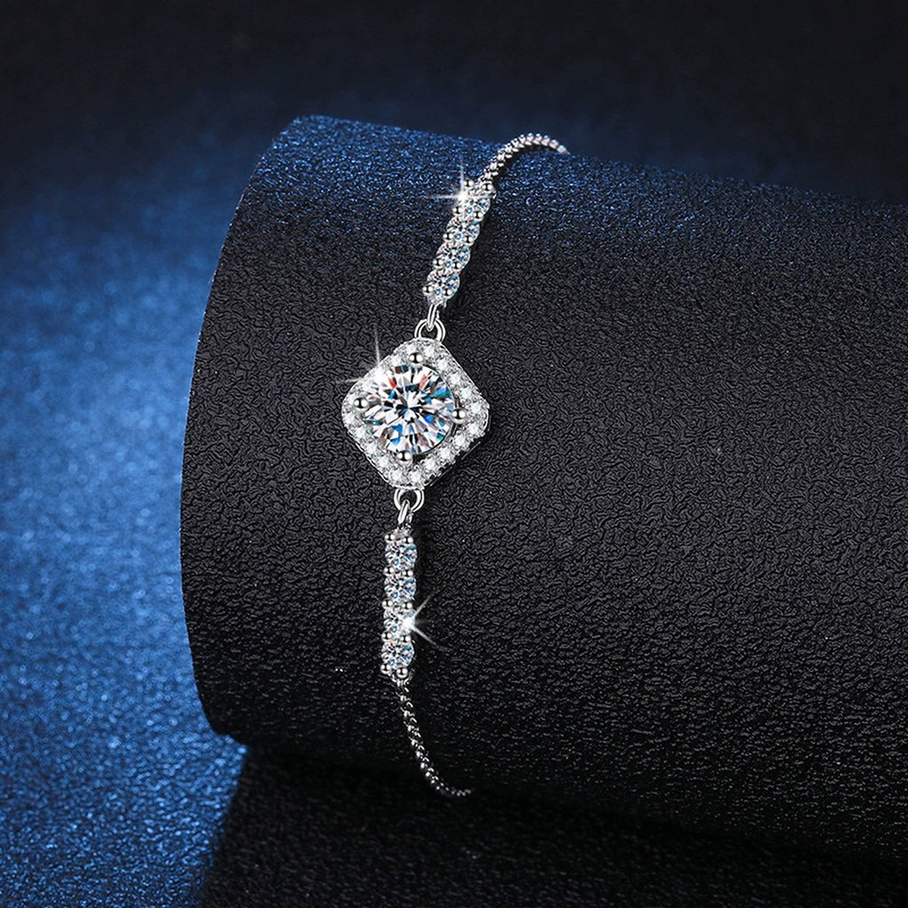 Cushion Moissanite Adjustable Chain Bracelet with CZ in White Gold-Plated S925 Sterling Silver blue display scene showing bracelet sparkle and chain detail