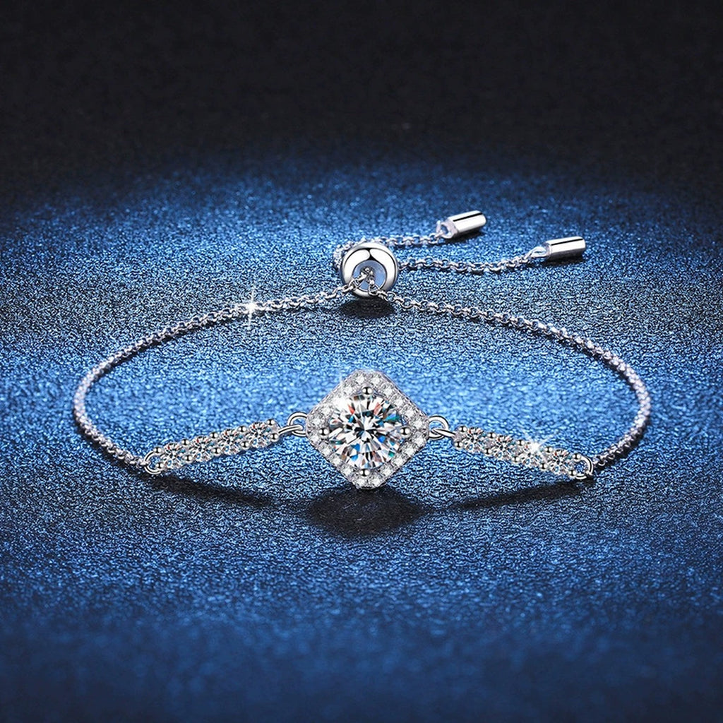 Cushion Moissanite Adjustable Chain Bracelet with CZ in White Gold-Plated S925 Sterling Silver blue display scene showing bracelet sparkle and chain detail