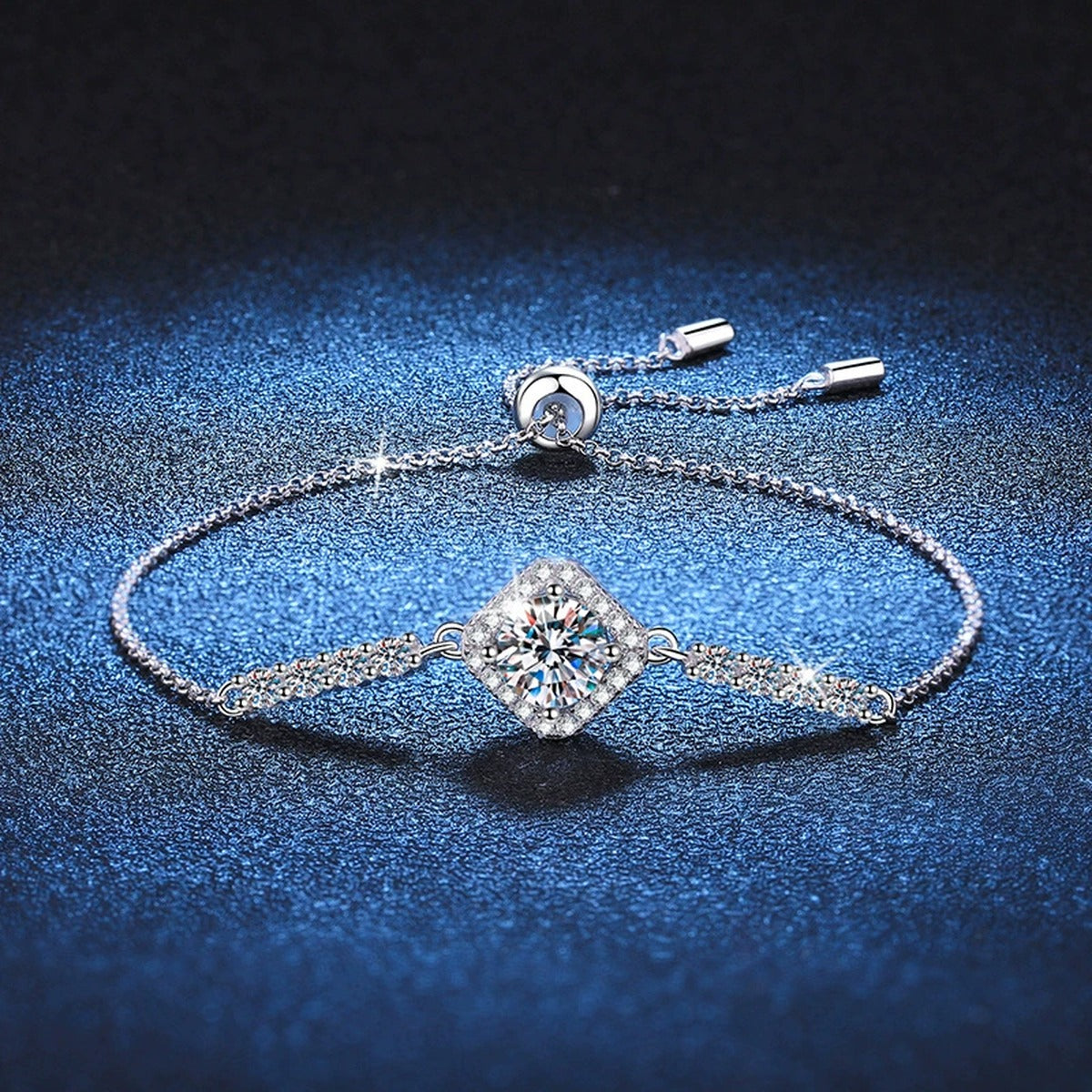 Cushion Moissanite Adjustable Chain Bracelet with CZ in White Gold-Plated S925 Sterling Silver blue display scene showing bracelet sparkle and chain detail