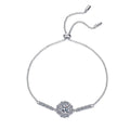 Halo Round Moissanite Adjustable Chain Bracelet with CZ in White Gold-Plated S925 Sterling Silver white background product photo