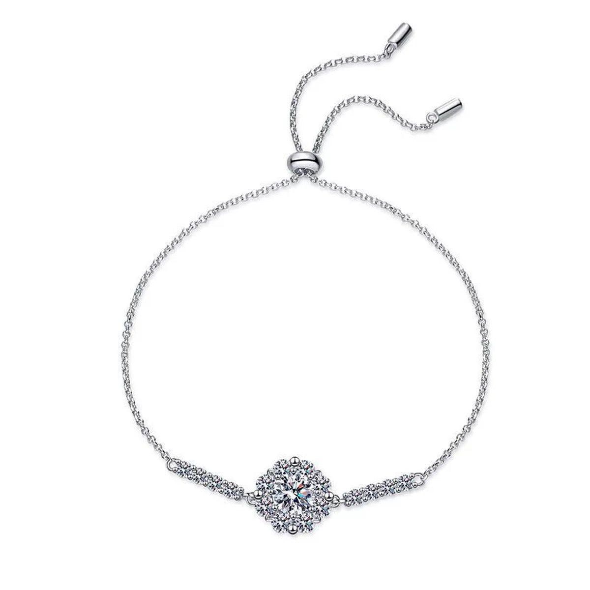 Halo Round Moissanite Adjustable Chain Bracelet with CZ in White Gold-Plated S925 Sterling Silver white background product photo