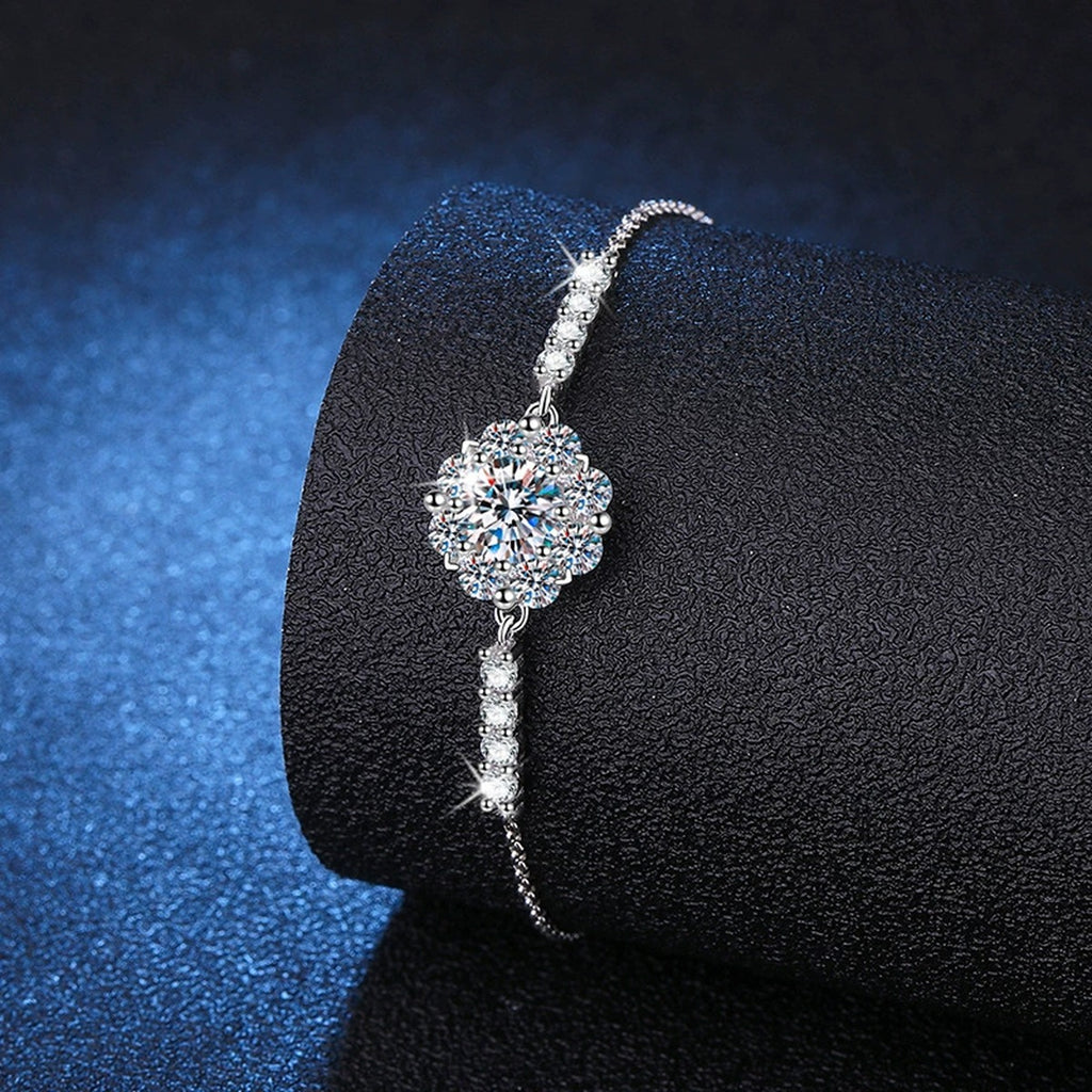Halo Round Moissanite Adjustable Chain Bracelet with CZ in White Gold-Plated S925 Sterling Silver blue display scene showing bracelet sparkle and chain detail