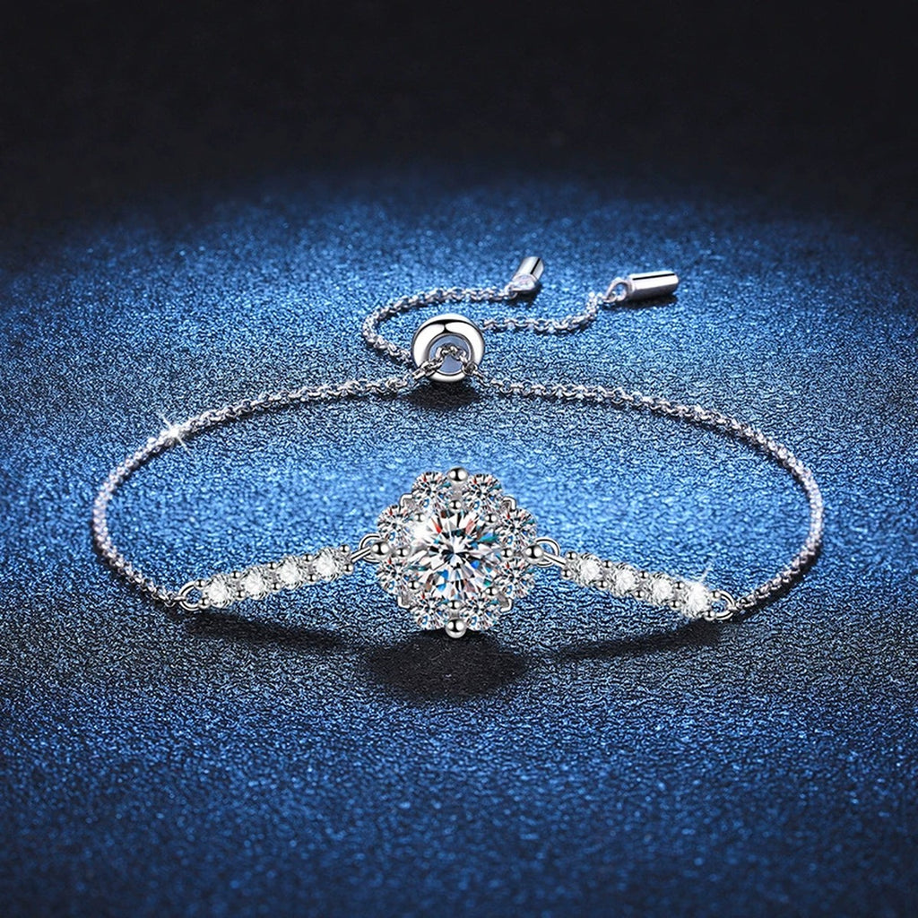 Halo Round Moissanite Adjustable Chain Bracelet with CZ in White Gold-Plated S925 Sterling Silver blue display scene showing bracelet sparkle and chain detail