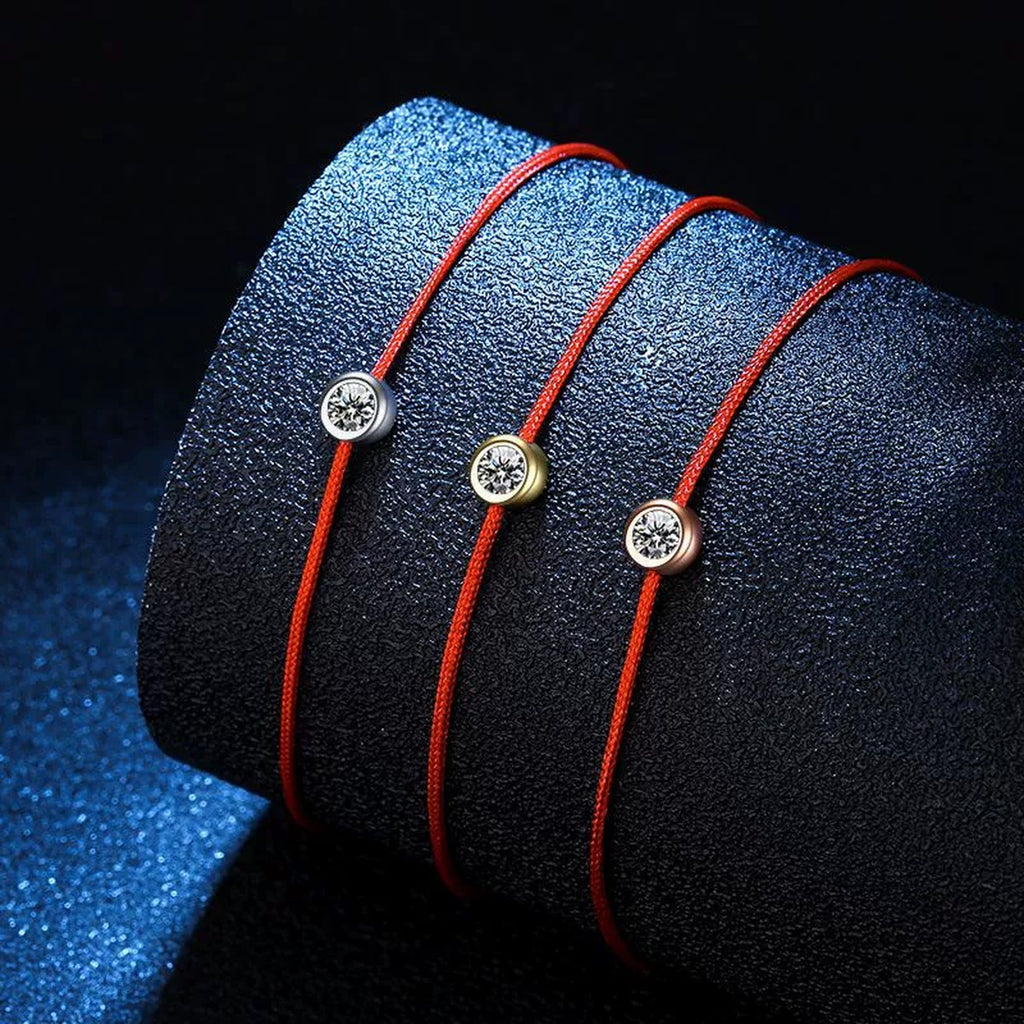 Red Cord Moissanite Adjustable Bracelet in Gold-Plated S925 Sterling Silver blue display scene showing bracelet sparkle and chain detail