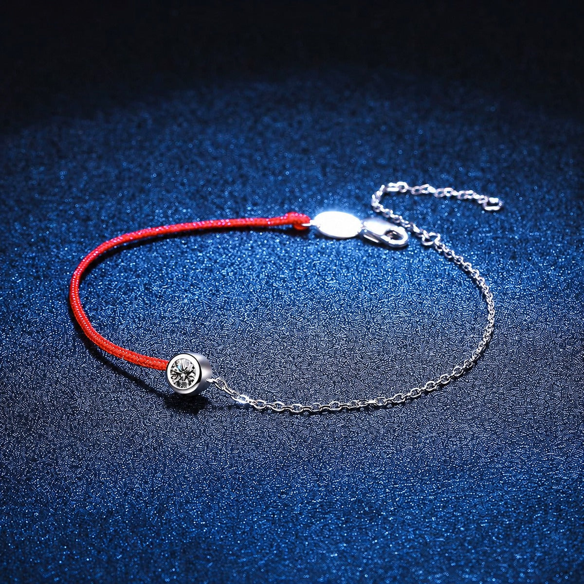 Two-Tone Red Cord Moissanite Adjustable Bracelet in White Gold-Plated S925 Sterling Silver blue display scene showing bracelet sparkle and chain detail