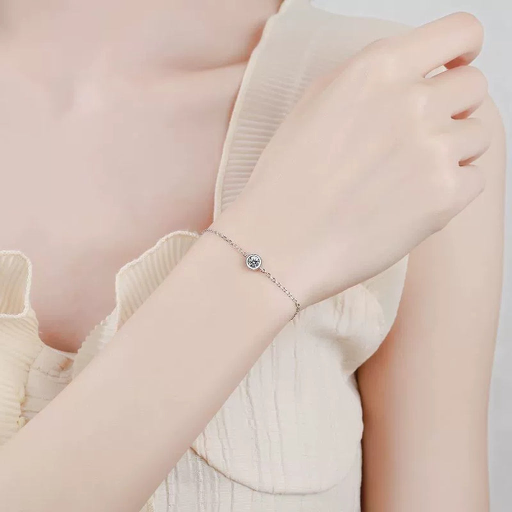Beaded Moissanite Chain Bracelet in White Gold-Plated S925 Sterling Silver worn on wrist model view showing scale and fit