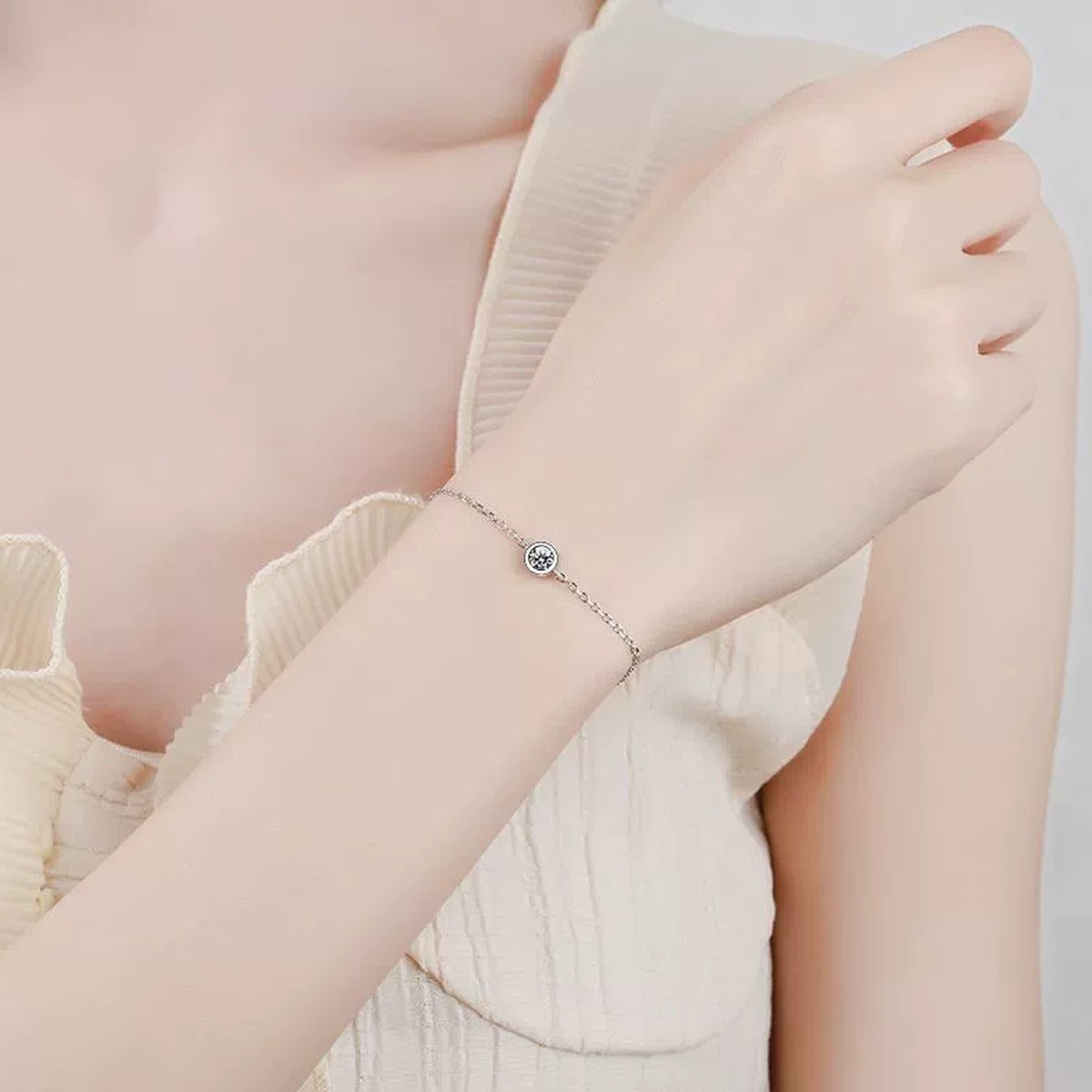 Beaded Moissanite Chain Bracelet in White Gold-Plated S925 Sterling Silver worn on wrist model view showing scale and fit