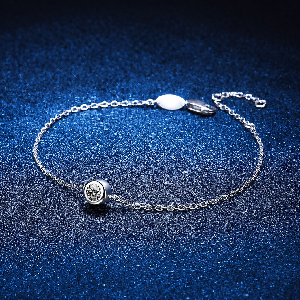 Beaded Moissanite Chain Bracelet in White Gold-Plated S925 Sterling Silver blue display scene showing bracelet sparkle and chain detail