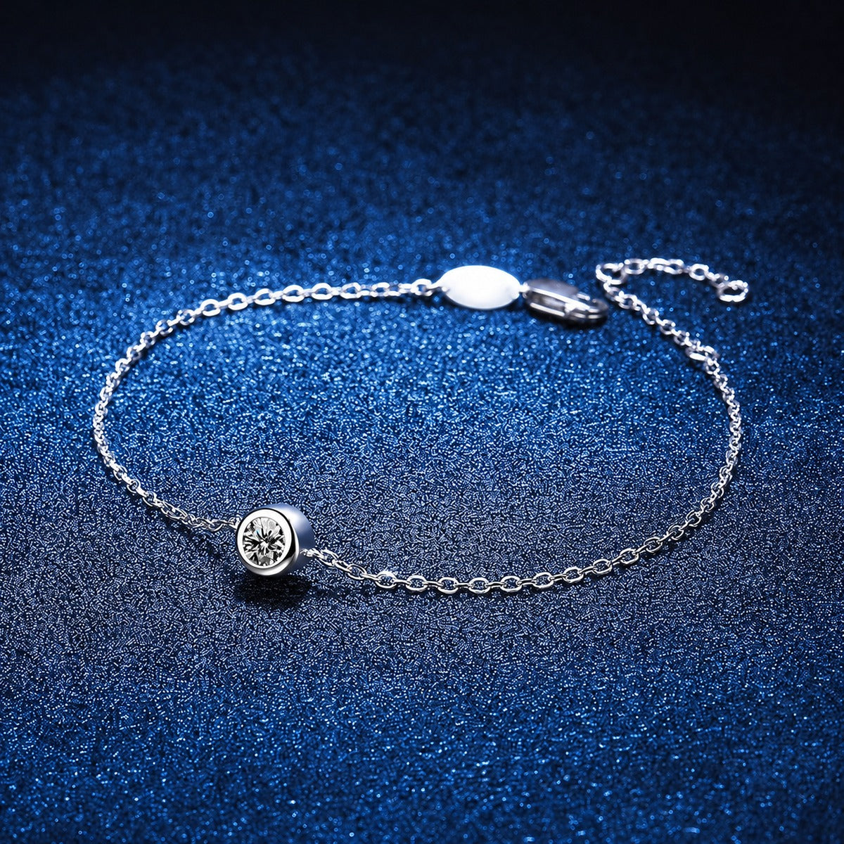 Beaded Moissanite Chain Bracelet in White Gold-Plated S925 Sterling Silver blue display scene showing bracelet sparkle and chain detail