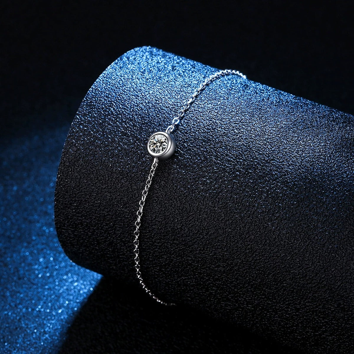 Beaded Moissanite Chain Bracelet in White Gold-Plated S925 Sterling Silver blue display scene showing bracelet sparkle and chain detail