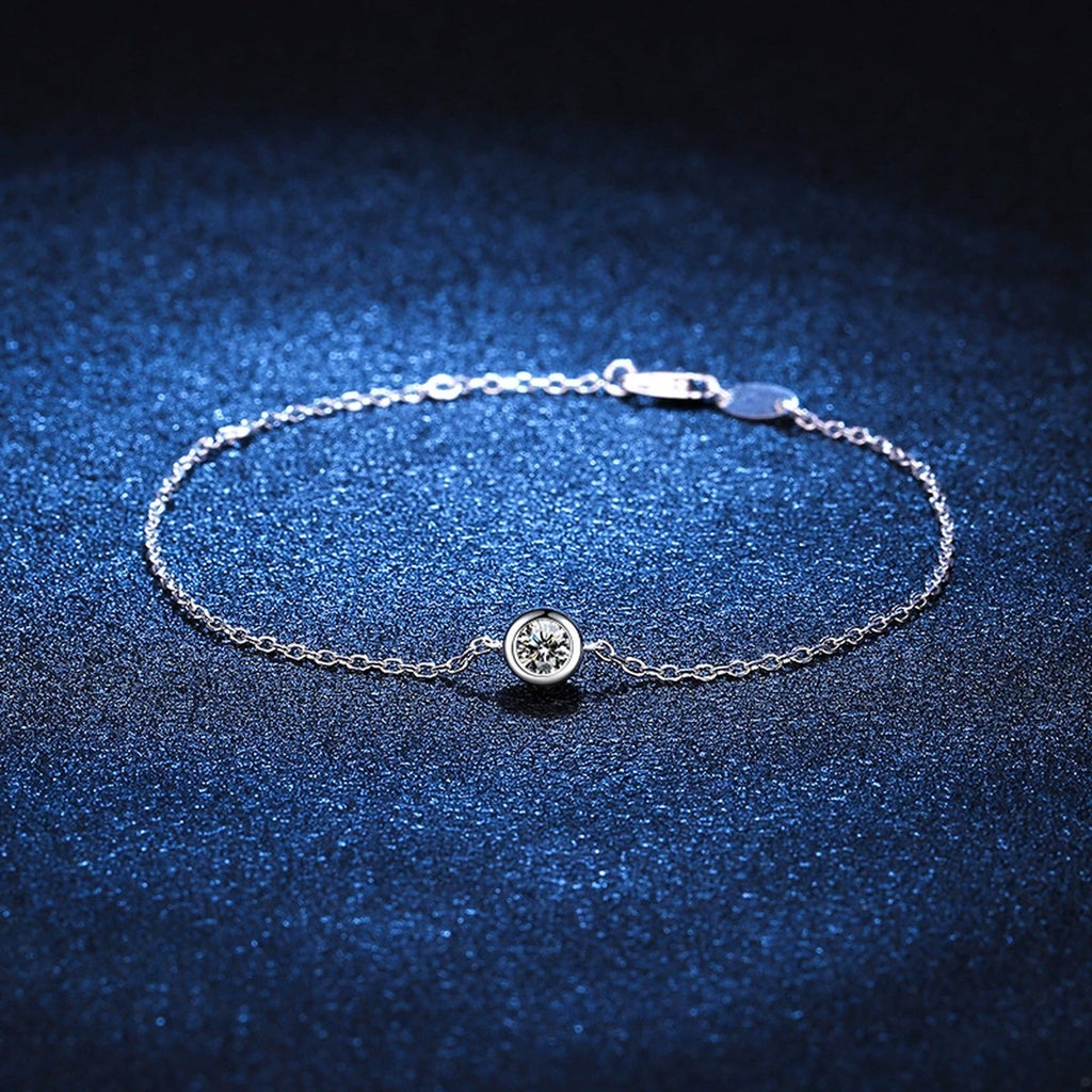Beaded Moissanite Chain Bracelet in White Gold-Plated S925 Sterling Silver blue display scene showing bracelet sparkle and chain detail