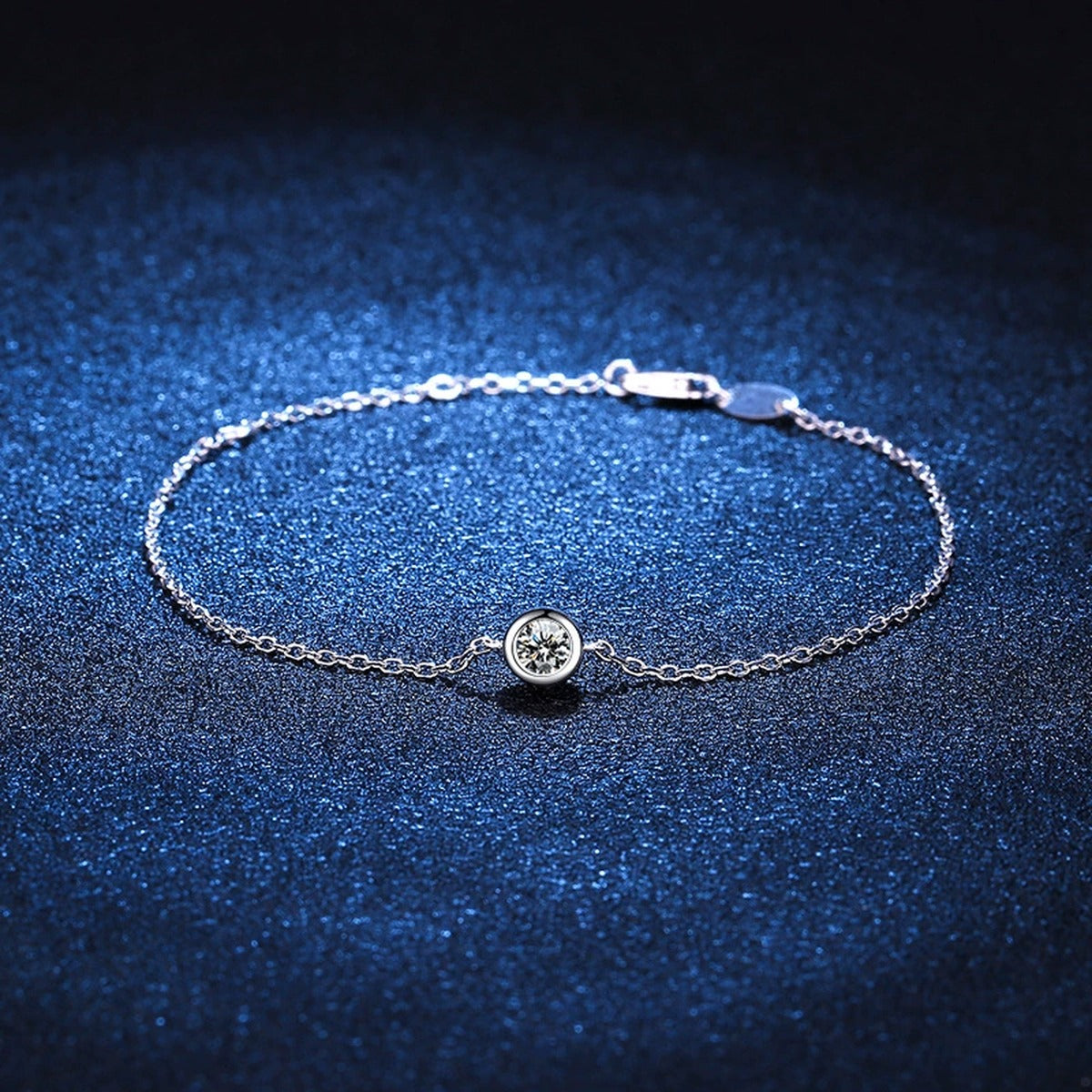 Beaded Moissanite Chain Bracelet in White Gold-Plated S925 Sterling Silver blue display scene showing bracelet sparkle and chain detail