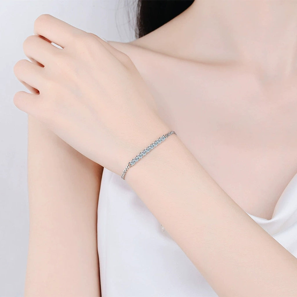 Moissanite Bar Tennis Bracelet in White Gold-Plated S925 Sterling Silver worn on wrist model view showing scale and fit