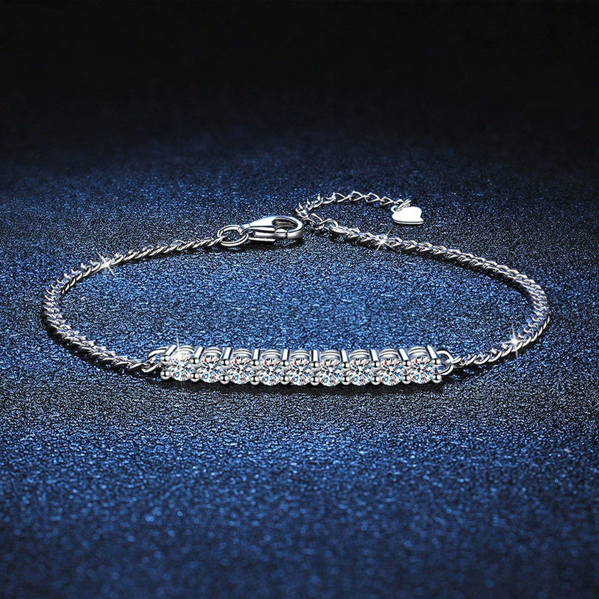 Moissanite Bar Tennis Bracelet in White Gold-Plated S925 Sterling Silver blue display scene showing bracelet sparkle and chain detail