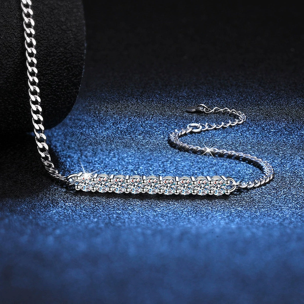 Moissanite Bar Tennis Bracelet in White Gold-Plated S925 Sterling Silver blue display scene showing bracelet sparkle and chain detail