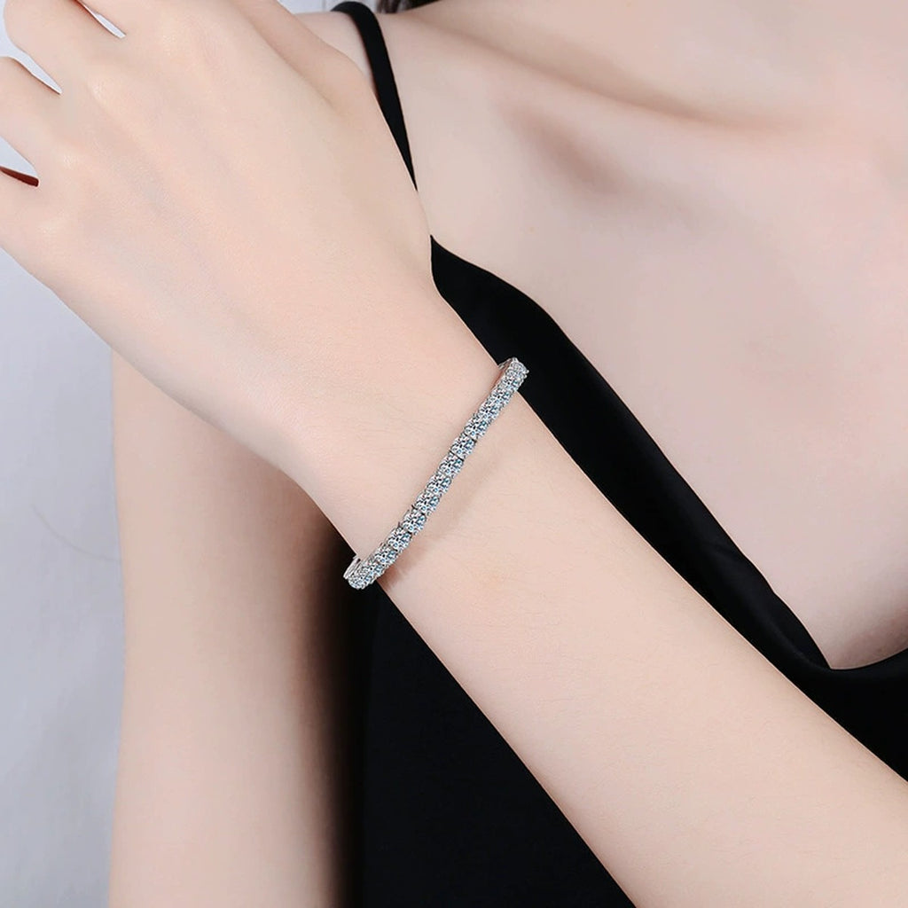 Moissanite Tennis Bracelet in White Gold-Plated S925 Sterling Silver worn on wrist model view showing scale and fit
